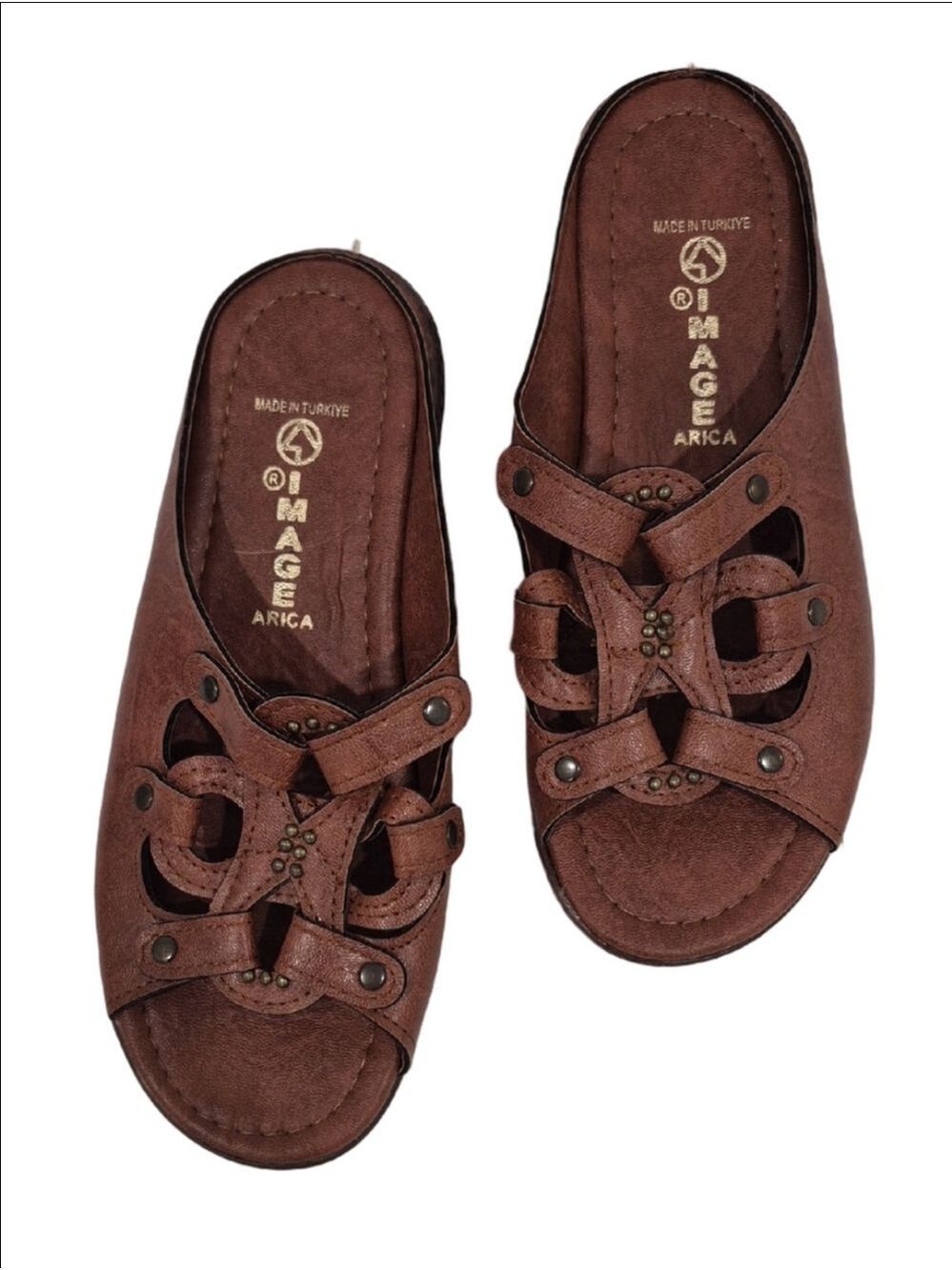 Image Arica Brown Leather Slip-On Sandals Made In Turkiye